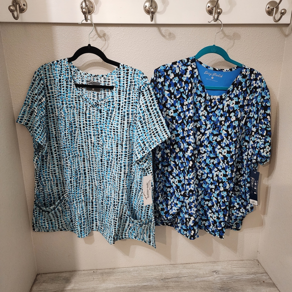 2 Blue and Black Patterned Women Scrub Tops